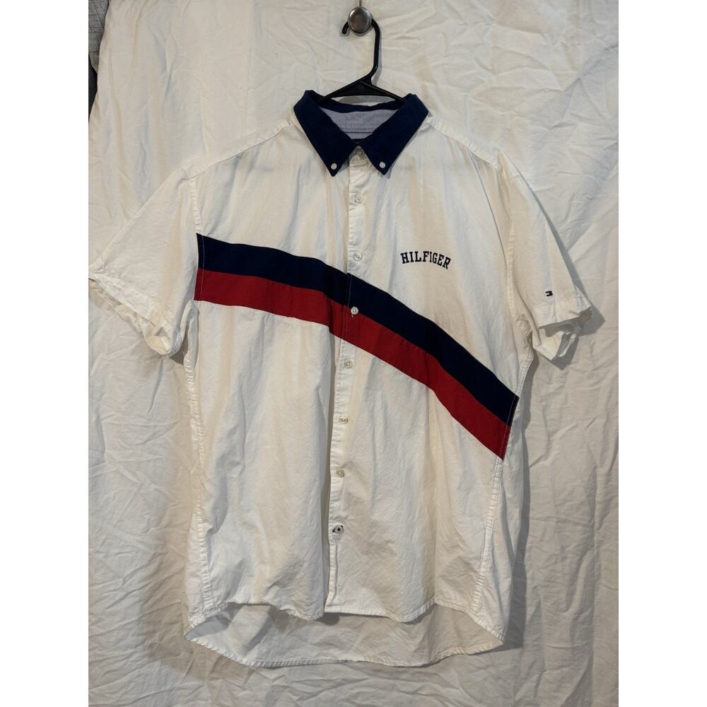 Vintage Tommy Hilfiger Button-Down Short Sleeve XXL Red Navy Diagonal Stripe